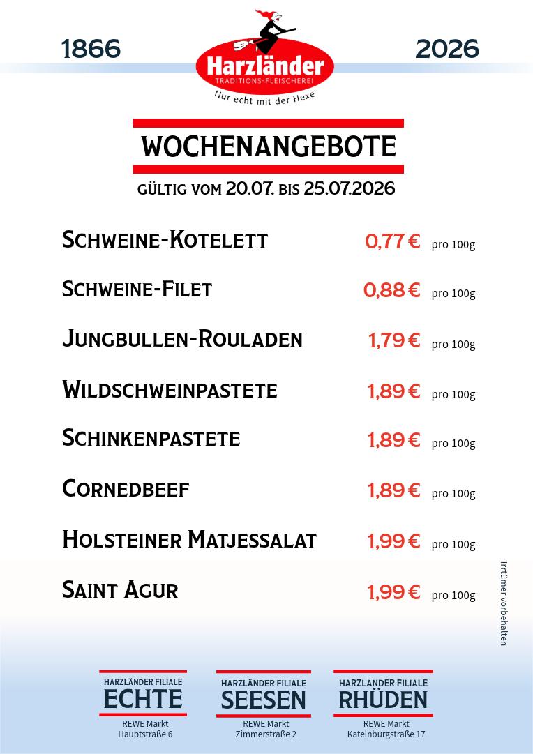 Speisekarte für Harzländer mit wöchentlichen Spezialitäten; inklusive Fleisch- und Salatgerichten mit Preisen.