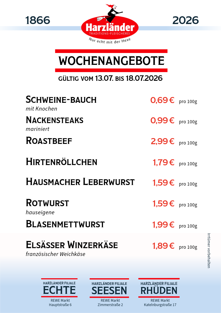Speisekarte für Harzländer mit wöchentlichen Spezialitäten; inklusive Fleisch- und Salatgerichten mit Preisen.