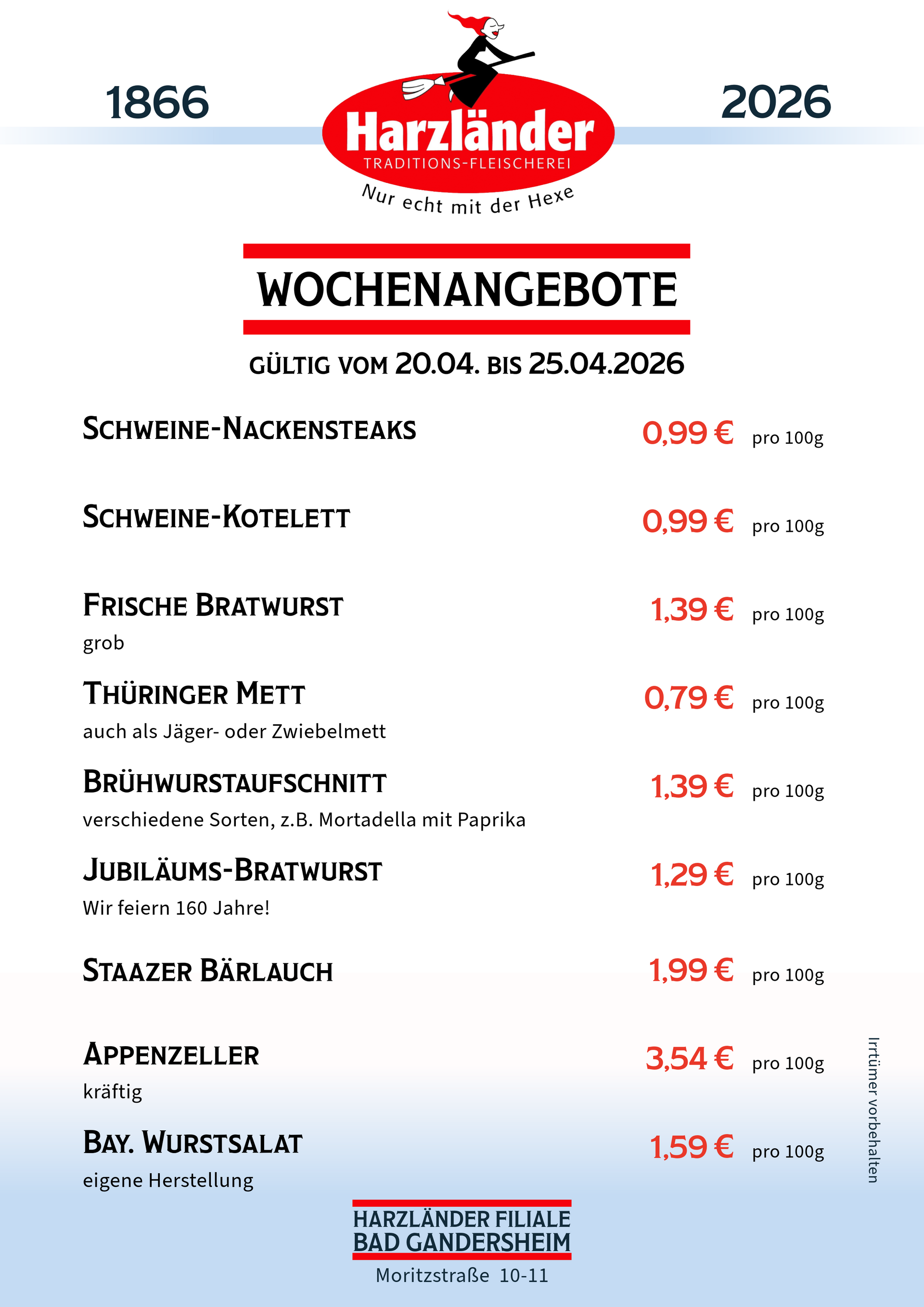 Speisekarte mit wöchentlichen Angeboten inklusive Preisen für verschiedene Fleisch- und Käsesorten.