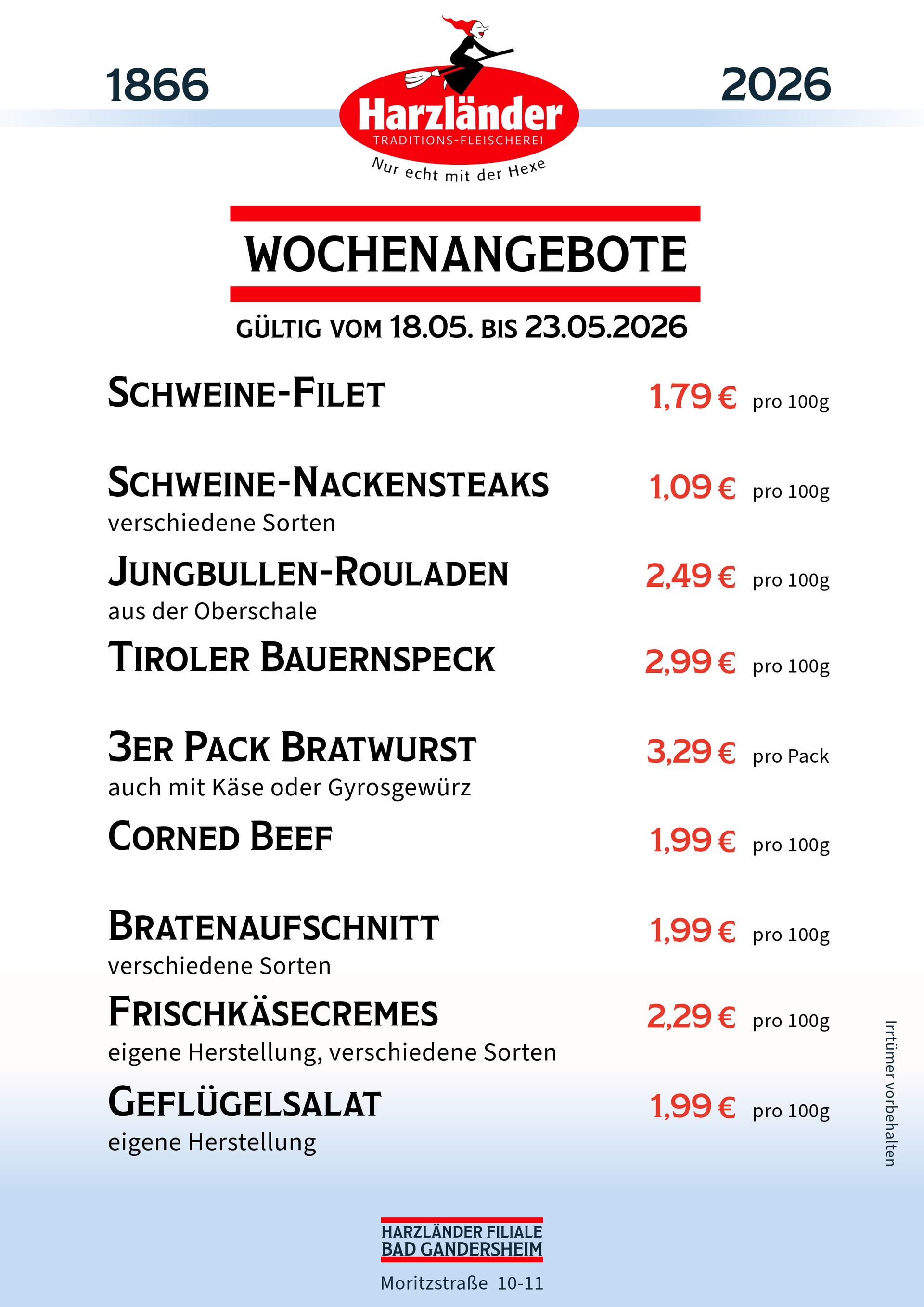 Wochenangebotsplakat einer deutschen Metzgerei mit roter Überschrift und Liste der Fleischangebote und Preise