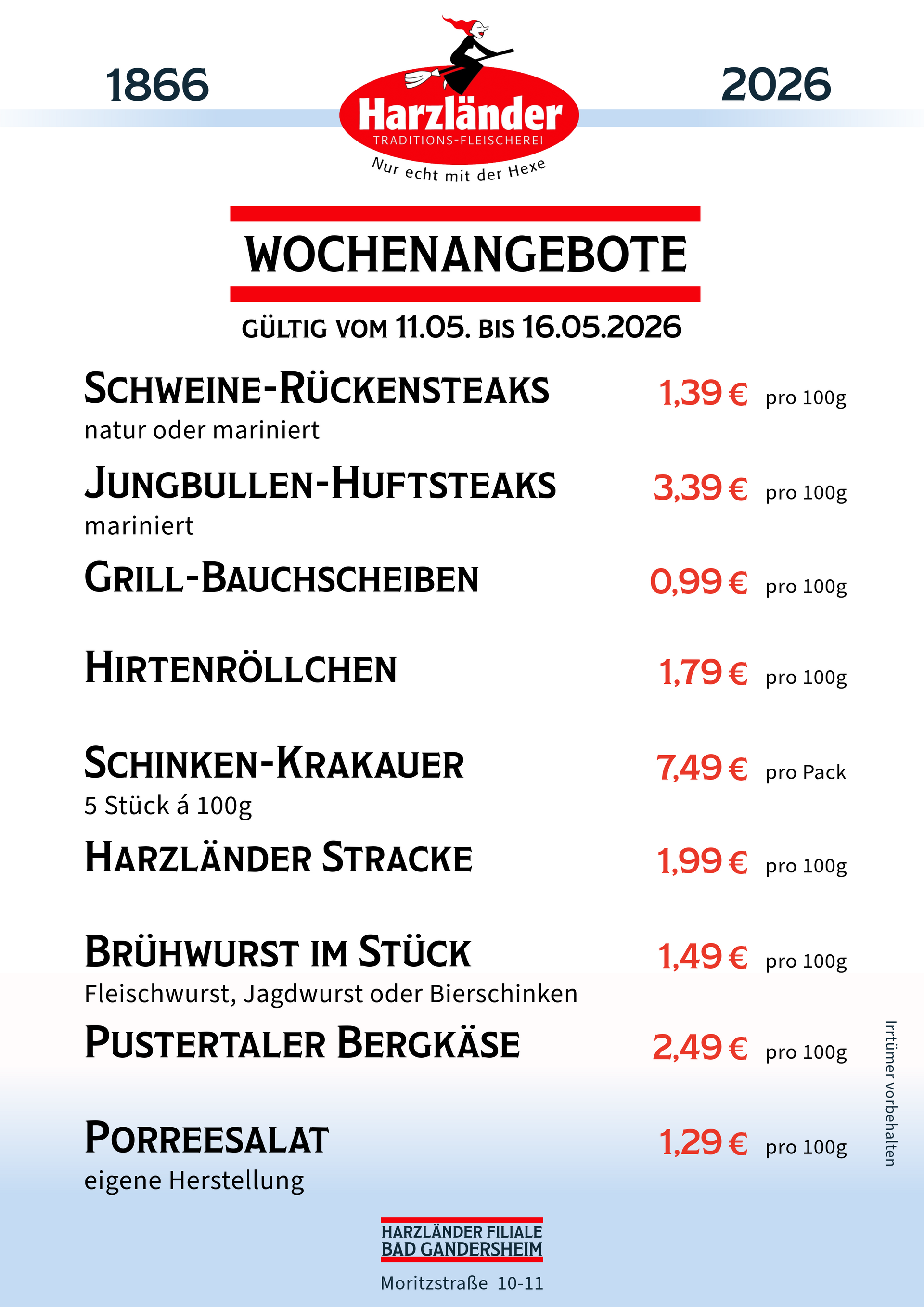 Harzländer Wochenangebote-Flyer mit Fleischpreisen auf weißem Hintergrund, roter und schwarzer Schrift.