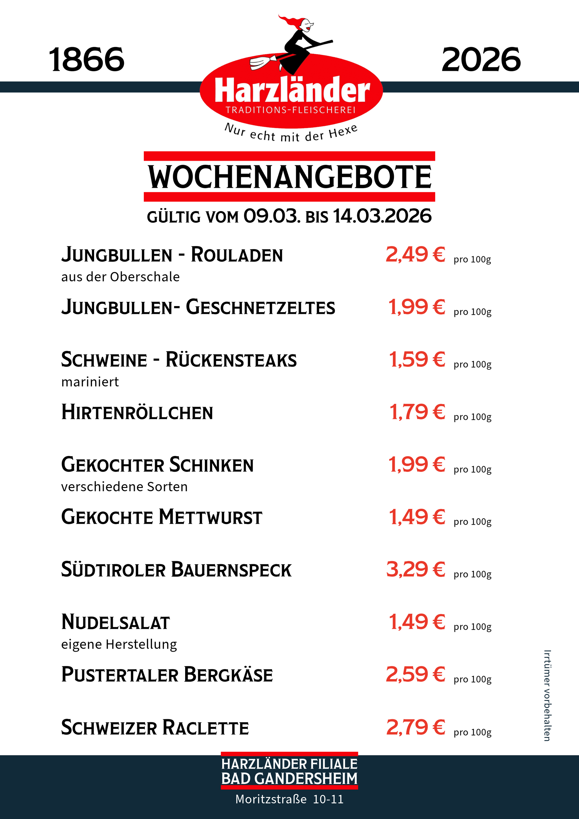Speisekarte mit wöchentlichen Angeboten inklusive Preisen für verschiedene Fleisch- und Käsesorten.
