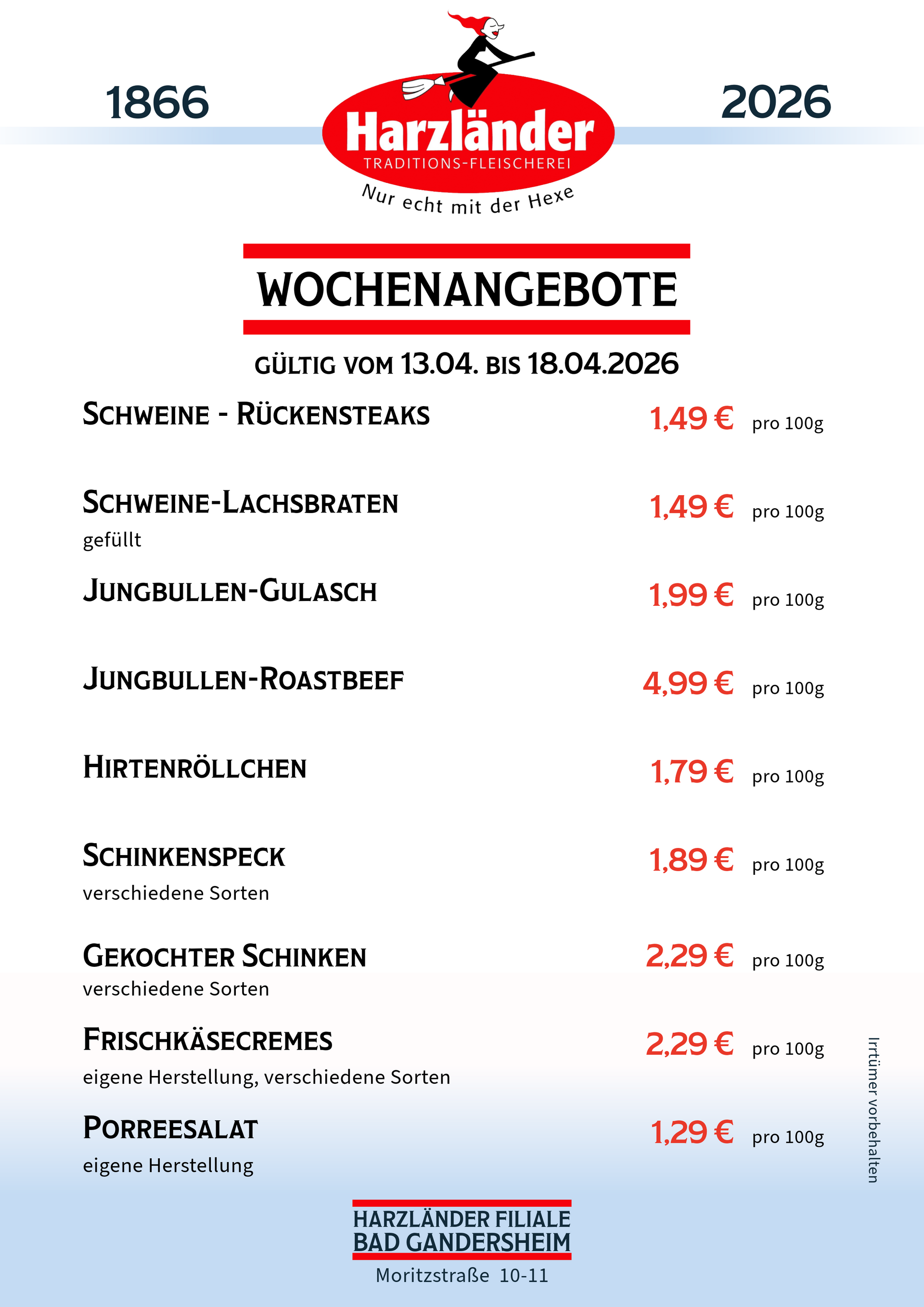 Speisekarte mit wöchentlichen Angeboten inklusive Preisen für verschiedene Fleisch- und Käsesorten.