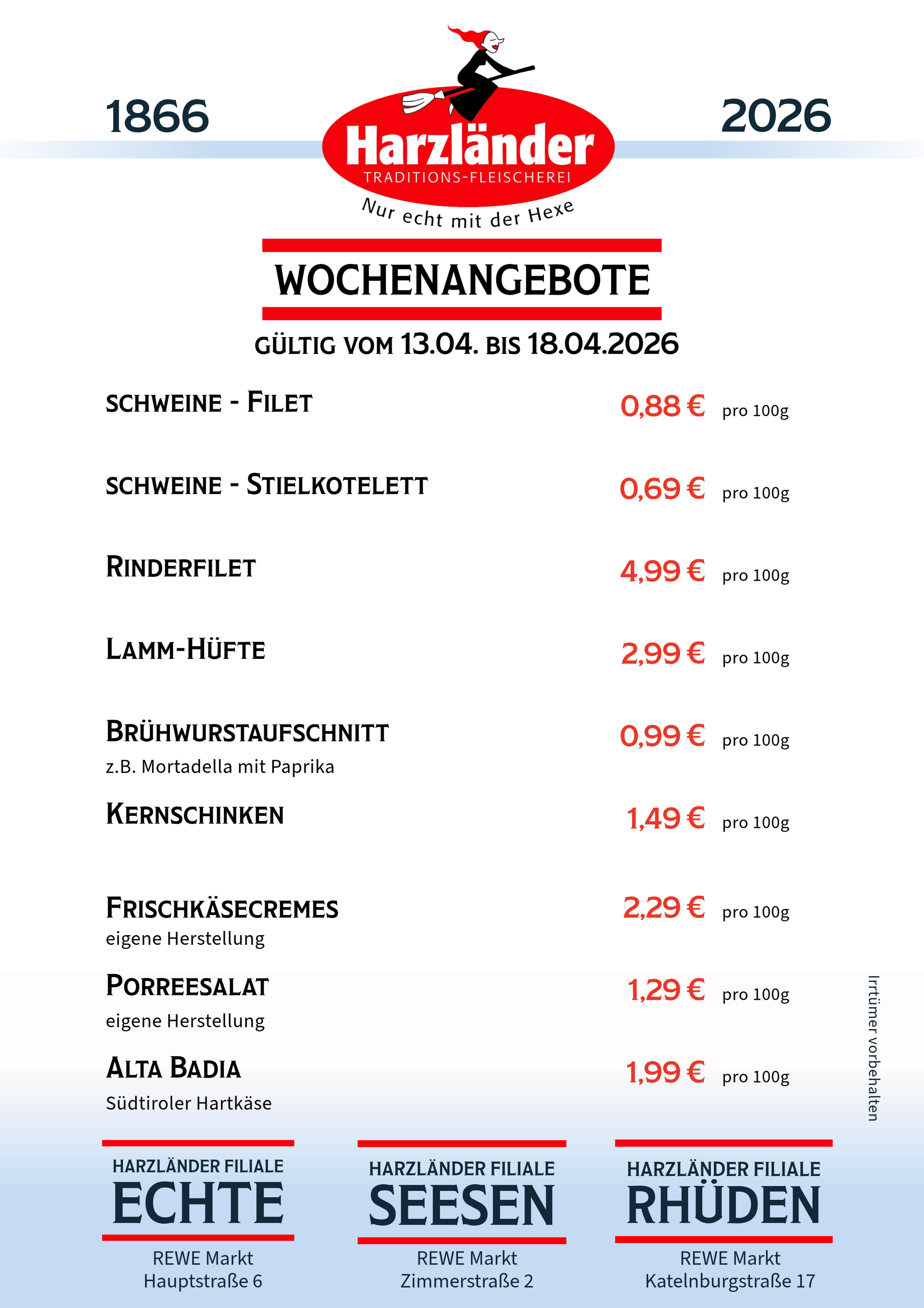 Speisekarte für Harzländer mit wöchentlichen Spezialitäten; inklusive Fleisch- und Salatgerichten mit Preisen.