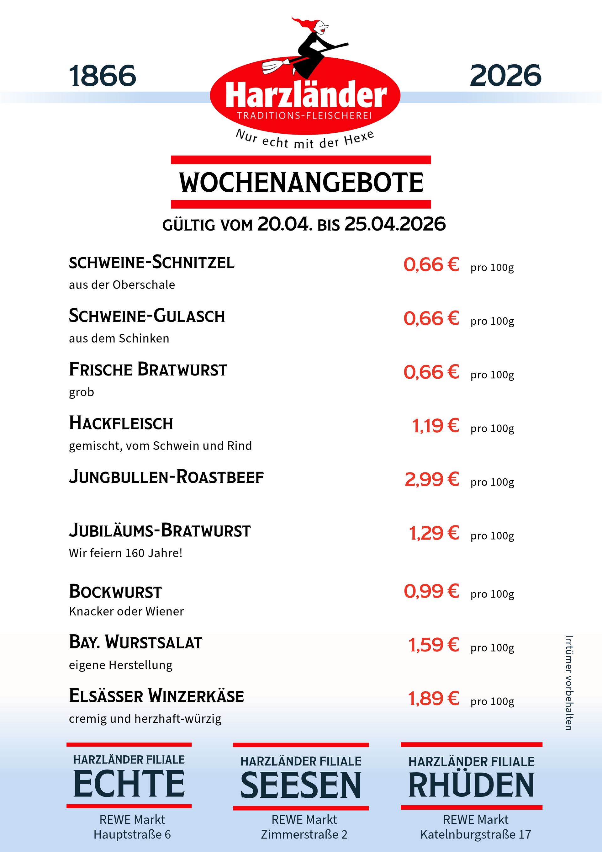 Speisekarte für Harzländer mit wöchentlichen Spezialitäten; inklusive Fleisch- und Salatgerichten mit Preisen.