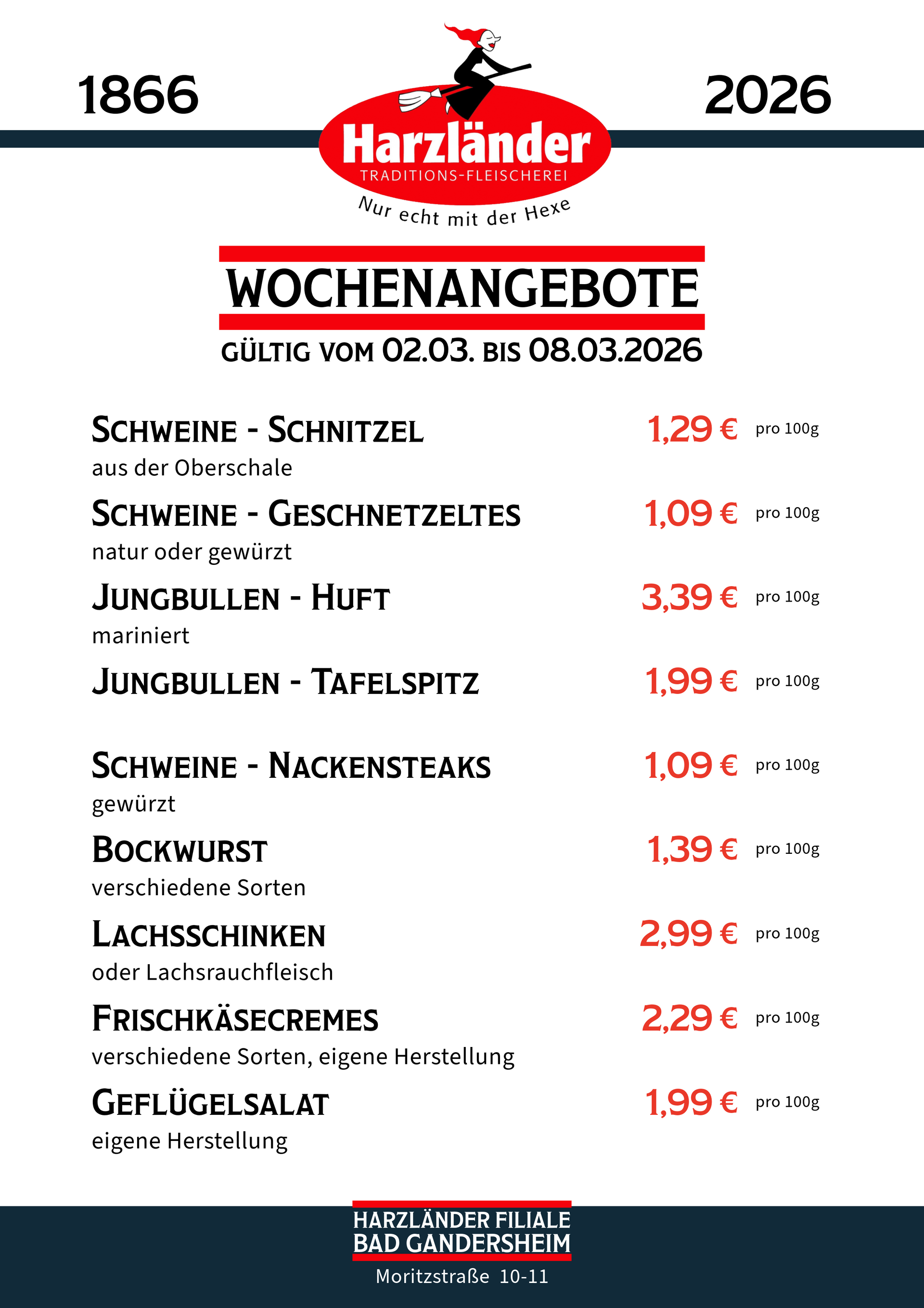 Wöchentlich wechselnde Spezialitätenkarte aus Harzländer, mit Angabe der Speisen und Preise.