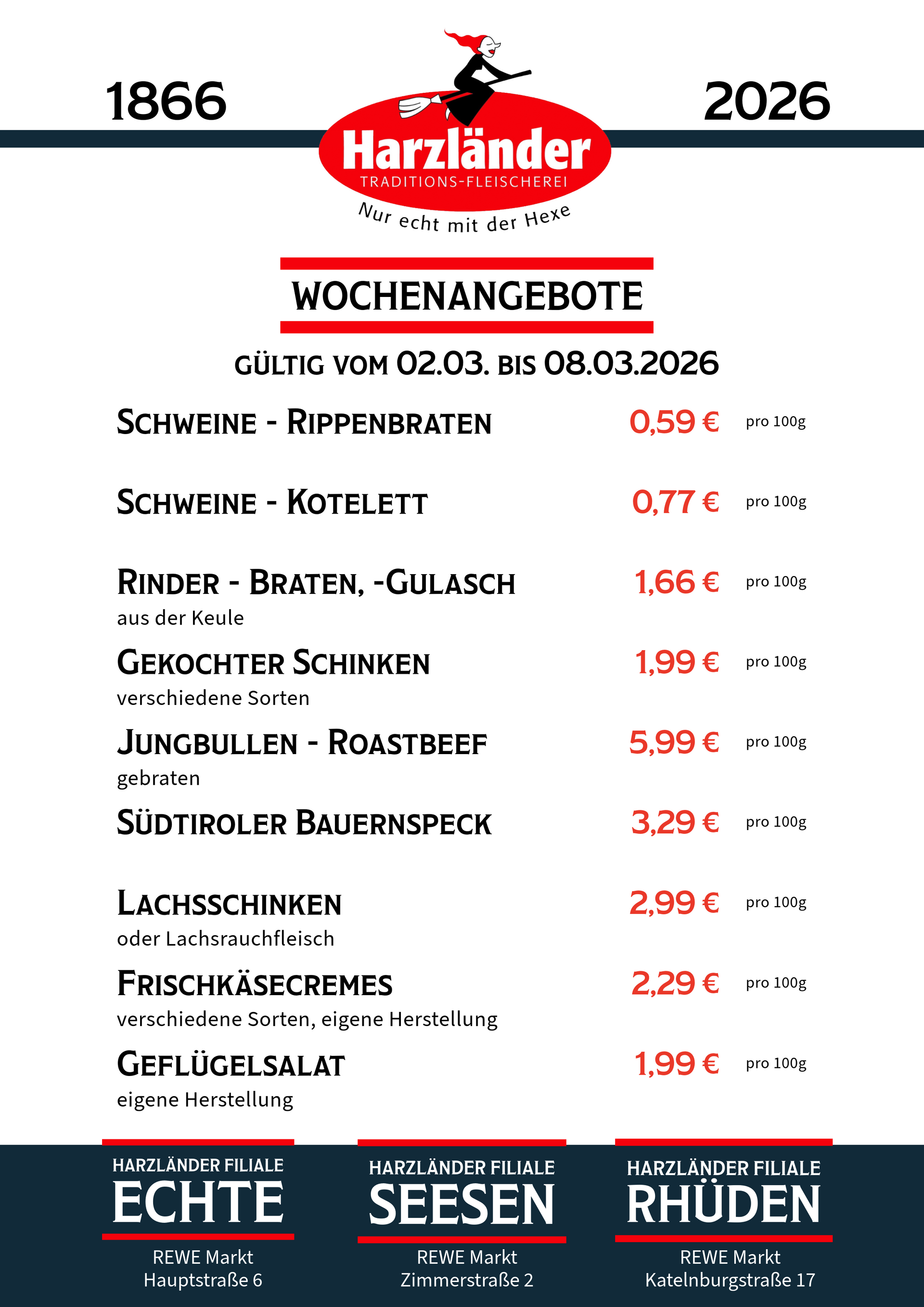 Speisekarte mit Angabe der wöchentlichen Angebote, Preise in Euro und Firmenlogo.