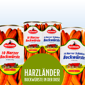 Harzländer Bockwürste – Verpackungsdesign mit roten, grünen und weißen Etiketten und Wurstscheiben