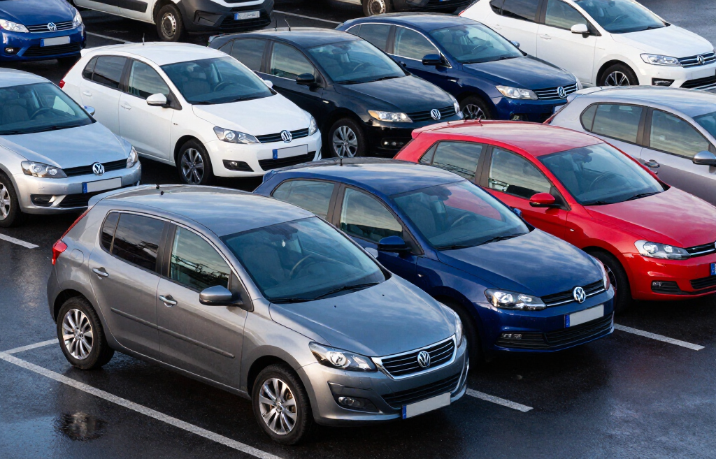 Voitures garées les unes contre les autres sur un parking extérieur ; couleurs variées visibles.