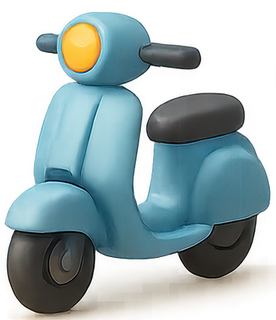 Scooter bleu de dessin animé avec selle et pneus noirs.