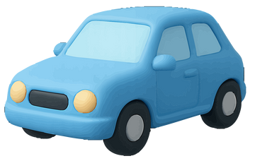 Voiture bleue de dessin animé avec des phares ronds et des pneus foncés.