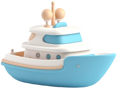 Yacht miniature bleu et blanc avec des détails beiges et deux petites antennes.