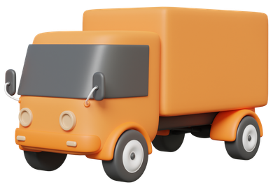 Camion de livraison orange de dessin animé avec des vitres et des roues grises.