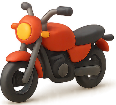 Moto rouge et noire en argile, avec un phare jaune et des pneus gris.