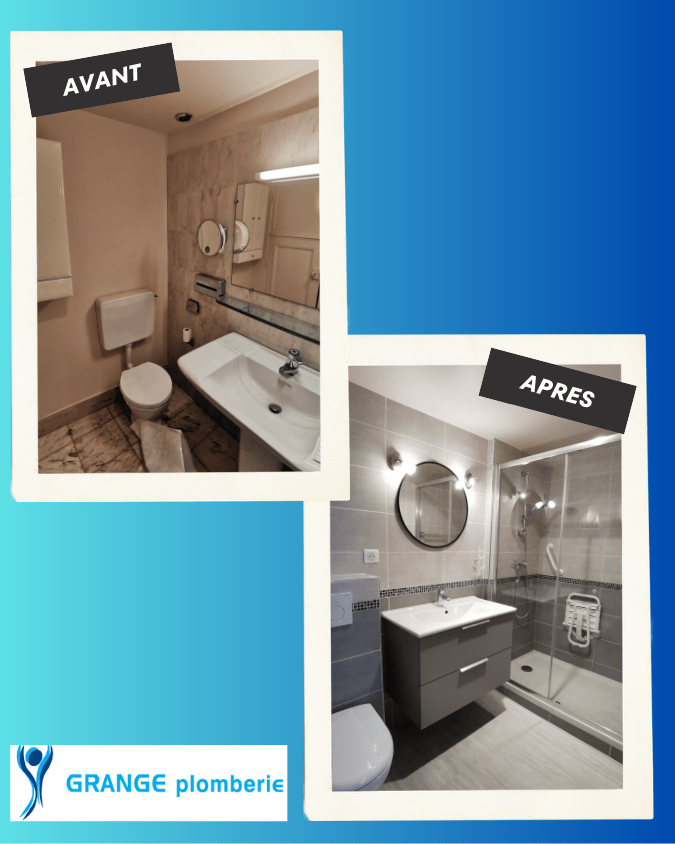 Un plombier installe un meuble-lavabo blanc avec la tuyauterie apparente, portant un chapeau, dans une salle de bains.