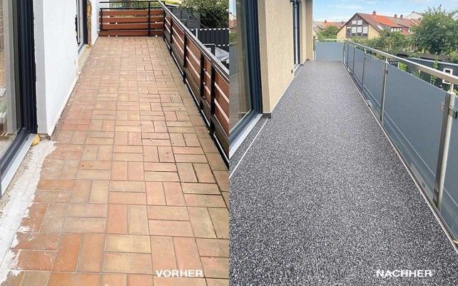 Balkon vor und nach der Renovierung: Terrakottafliesen durch grau gesprenkelte Oberfläche ersetzt.