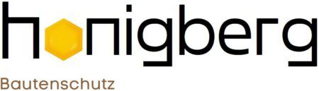 Logo mit &bdquo;Honigberg&ldquo; in schwarzer Schrift, einem gelben Sechseck und &bdquo;Bautenschutz&ldquo; in grauer Schrift darunter.