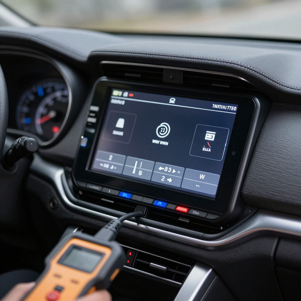 Tablero del automóvil con un sistema de infoentretenimiento con pantalla táctil y un escáner de diagnóstico conectado a la consola.