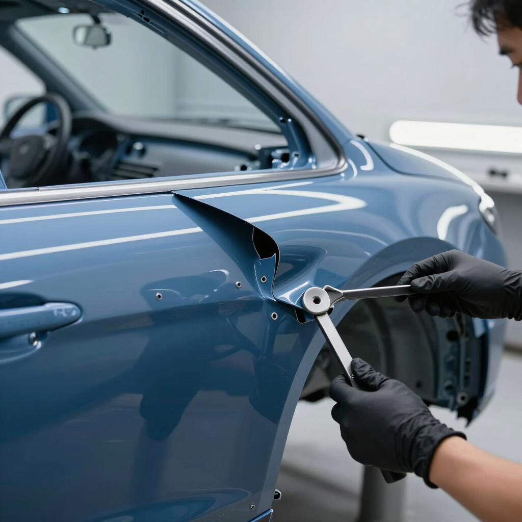 Un mecánico repara el panel de la puerta de un coche azul con unos alicates en un taller.