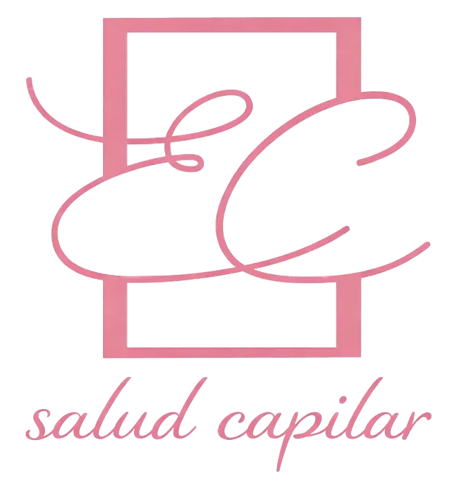 Un logotipo rosa con las letras "EC" en cursiva sobre un contorno rectangular, con el texto "salud capilar" debajo.