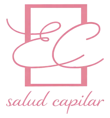 Un logotipo rosa con las letras "EC" en cursiva sobre un contorno rectangular, con el texto "salud capilar" debajo.