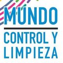 Logo de MUNDO CONTROL Y LIMPIEZA en azul y rosa con rayas diagonales.