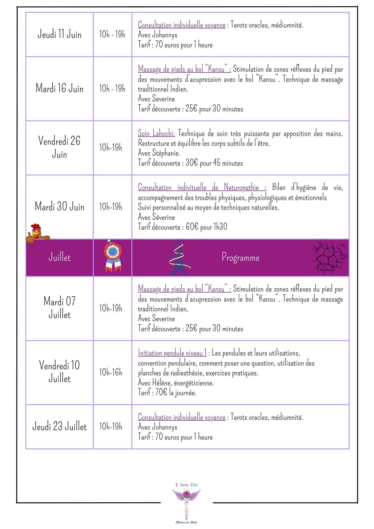 Un tableau répertoriant les dates, les heures et les descriptions des événements, avec des titres ornés de bannières violettes illustrées de poissons et de lapins.