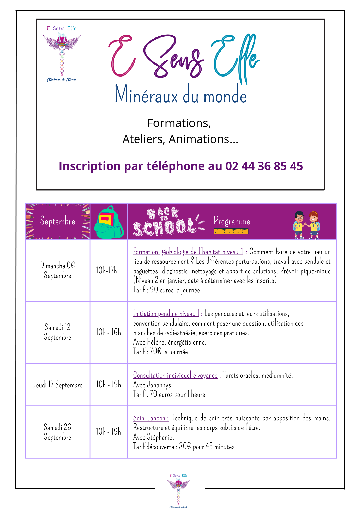 Un tableau répertoriant les dates, les heures et les descriptions des événements, avec des titres ornés de bannières violettes illustrées de poissons et de lapins.
