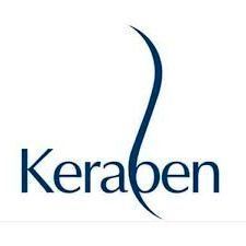 Un logotipo azul y blanco para Keraben sobre un fondo blanco.