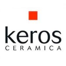 El logotipo de Keros Ceramica es blanco y negro con un cuadrado rojo en el medio.