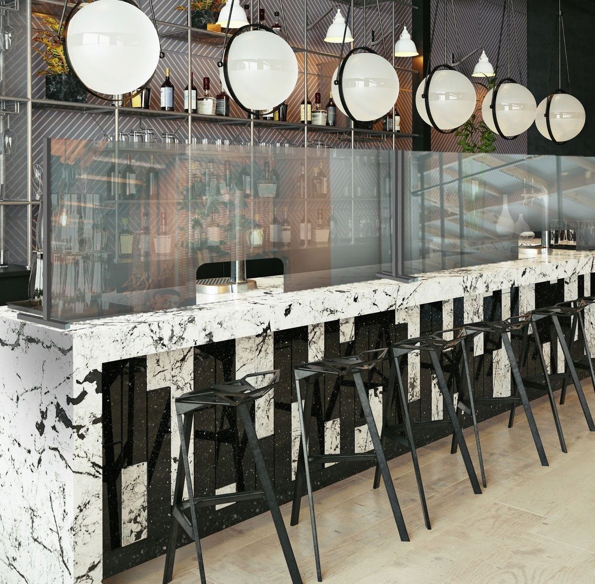 Un restaurante con una barra larga y taburetes