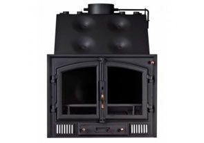 Una chimenea negra con dos puertas sobre un fondo blanco.