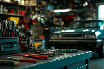 Herramientas en un banco de trabajo en un garaje desordenado, con un automóvil verde azulado en el fondo.