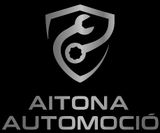 Logotipo escudo plateado con llave inglesa y texto “Aitona Automoció” sobre fondo negro.