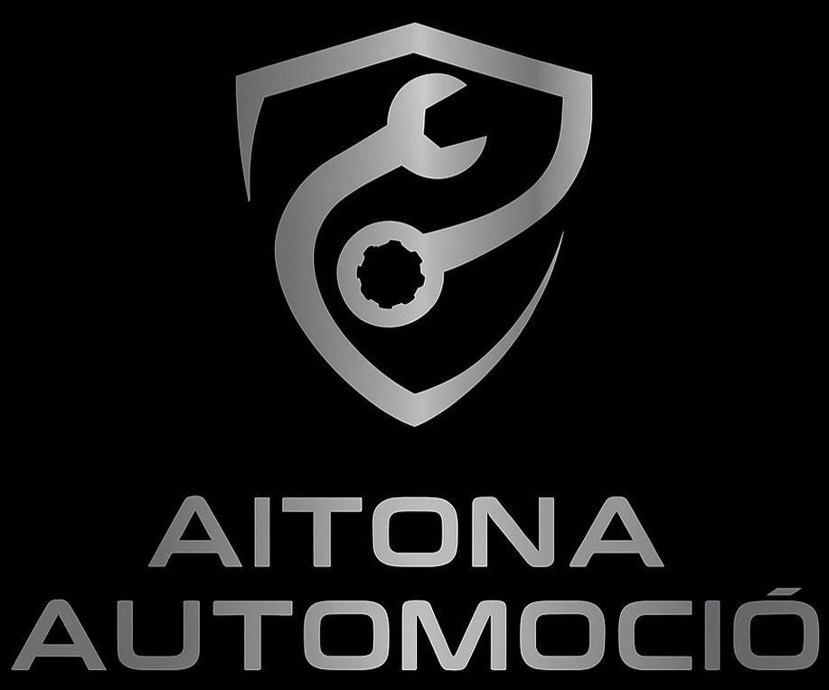 Logotipo escudo plateado con llave inglesa y texto “Aitona Automoció” sobre fondo negro.