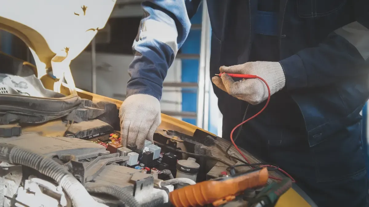 Un mecánico prueba el sistema eléctrico del coche con un multímetro. Con guantes en las manos