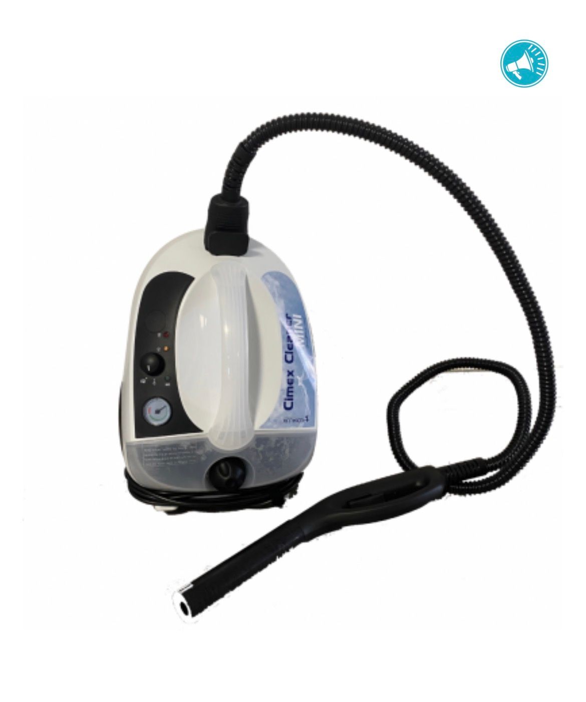 Un nettoyeur vapeur portable blanc avec une poignée noire, un panneau de commande et un long tuyau flexible muni d'un embout.