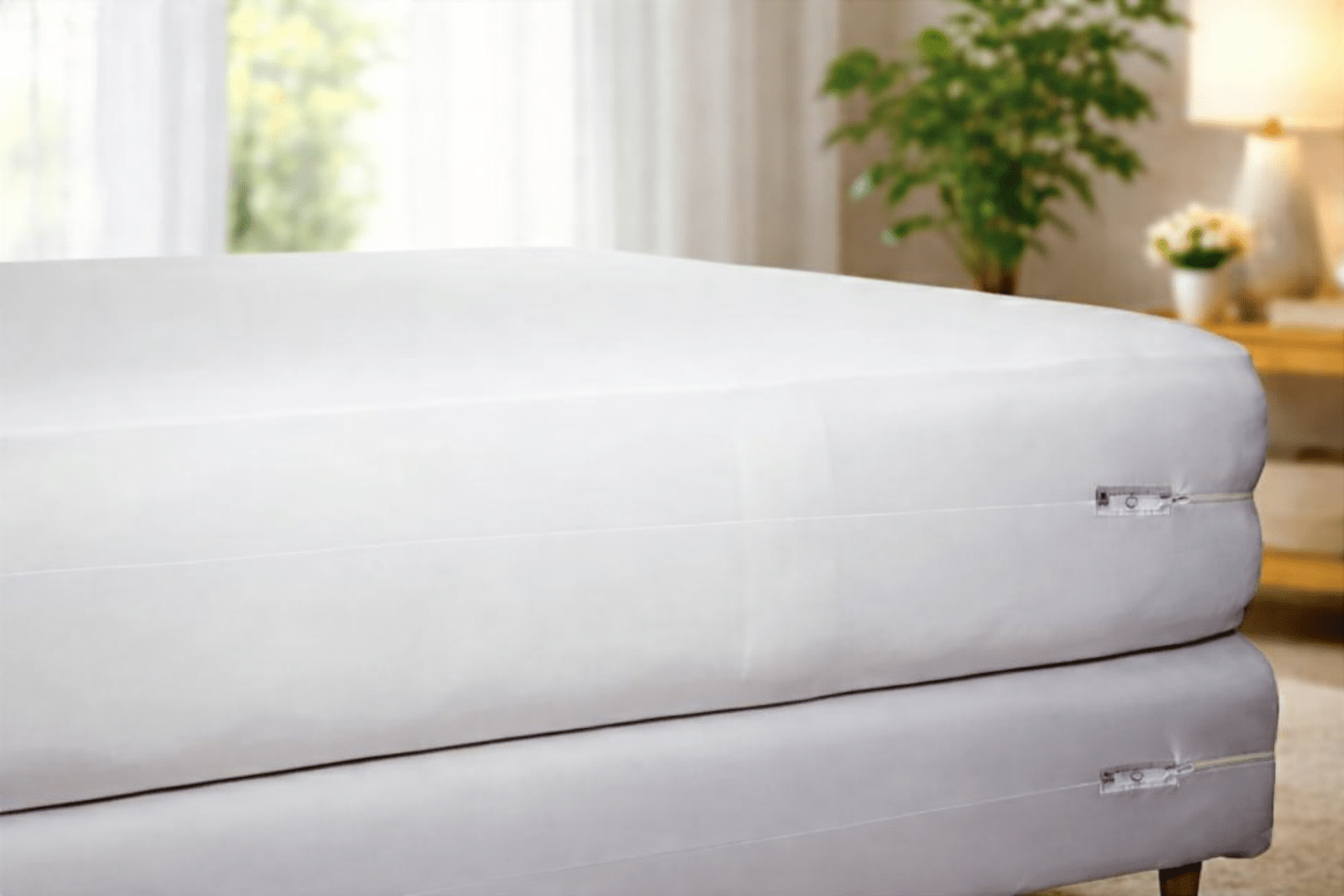 Un matelas et un sommier blancs, recouverts de housses blanches protectrices, dans un intérieur de chambre lumineux et flou.