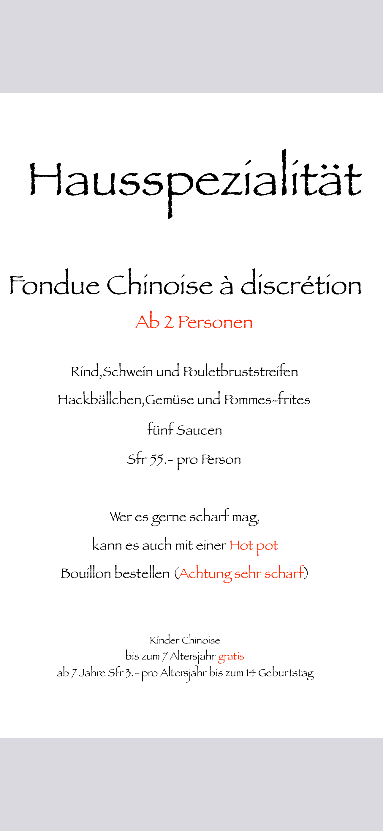 Ein weißes Papier mit dem Wort Hausspezialitate darauf