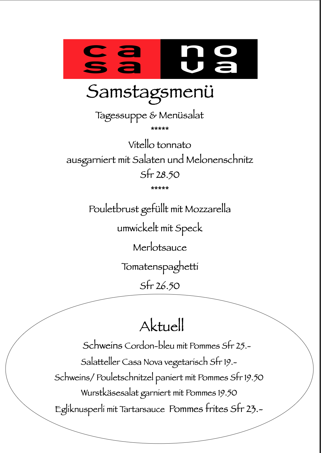 Ein Menü für ein Restaurant namens Casa Nova