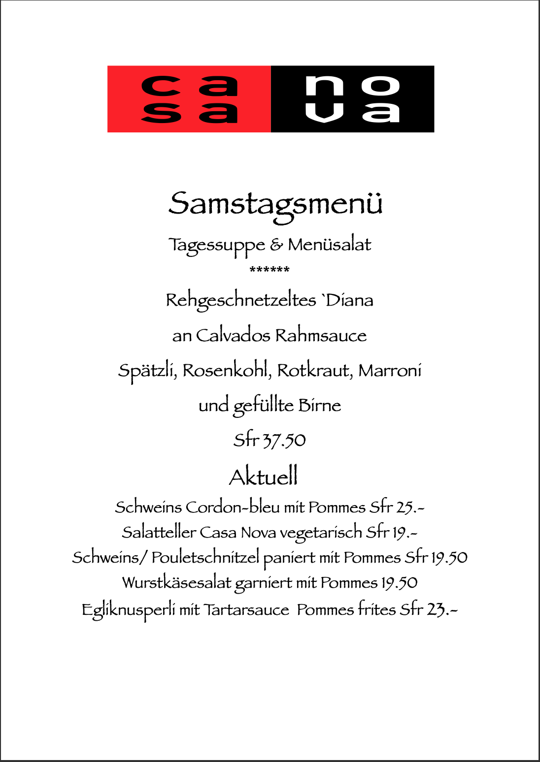Ein Menü für ein Restaurant namens Casa Nova