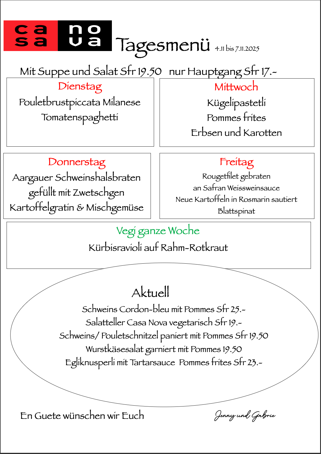 Ein Menü für ein Restaurant namens Casa Nova