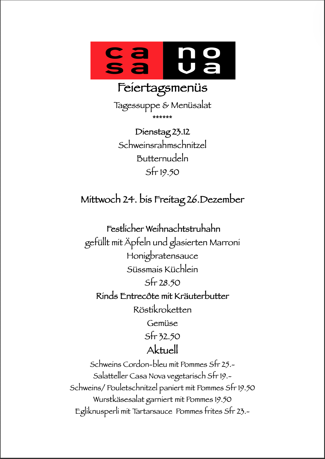 Ein Menü für ein Restaurant namens Casa Nova