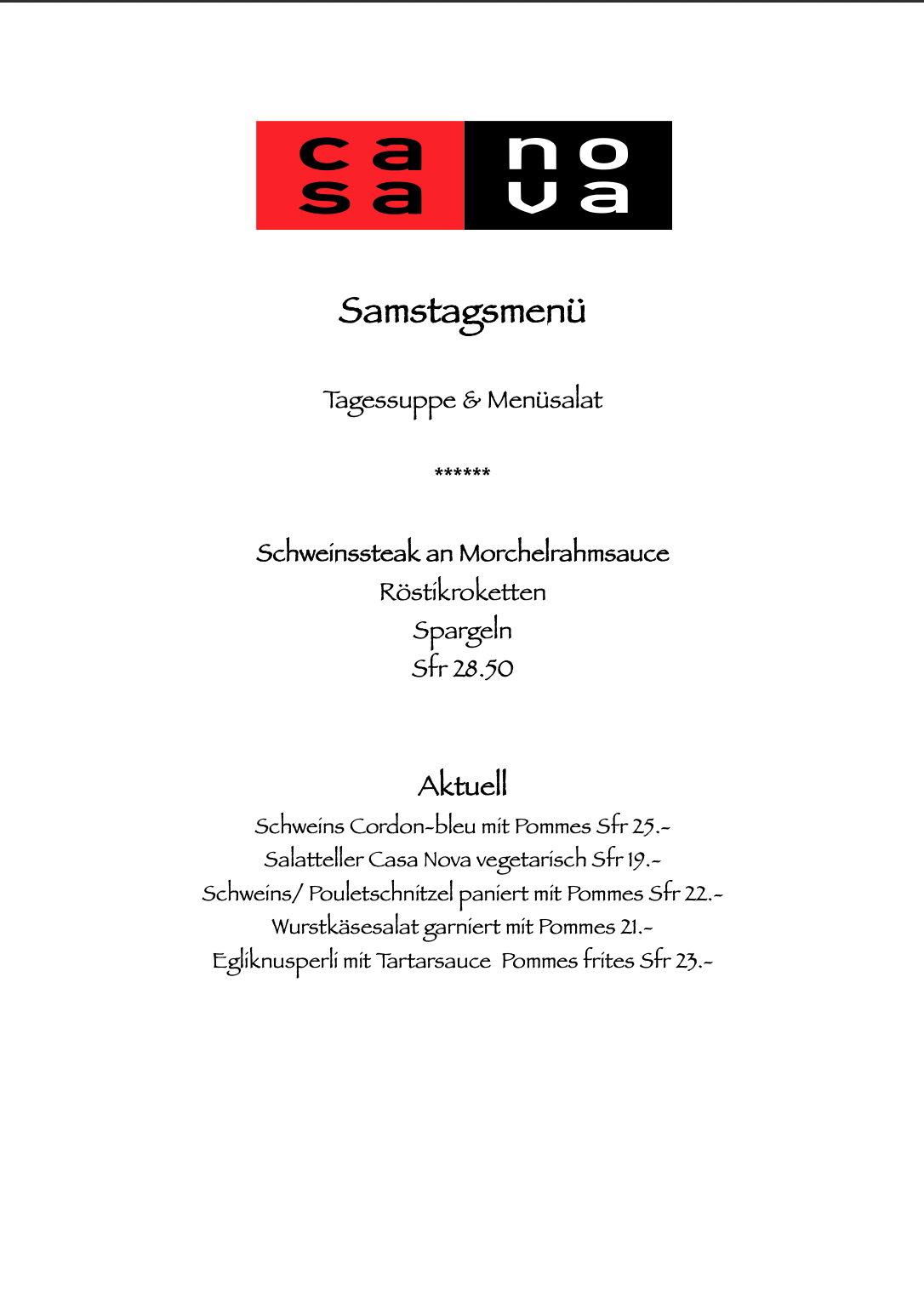 Ein Menü für ein Restaurant namens Casa Nova