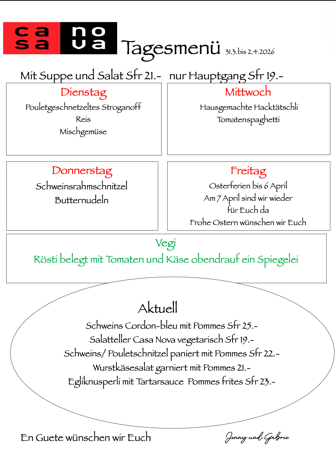 Ein Menü für ein Restaurant namens Casa Nova