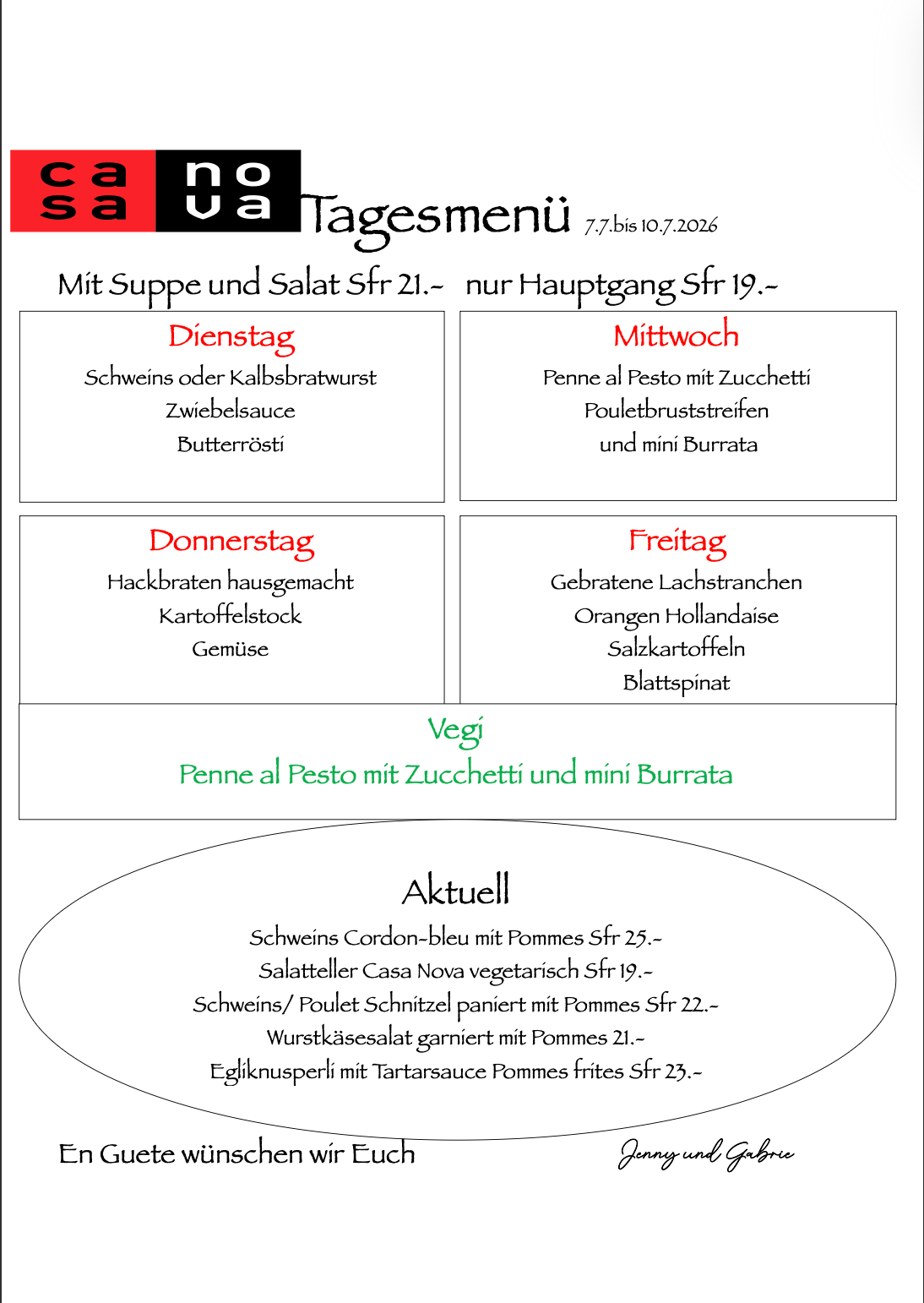 Ein Menü für ein Restaurant namens Casa Nova