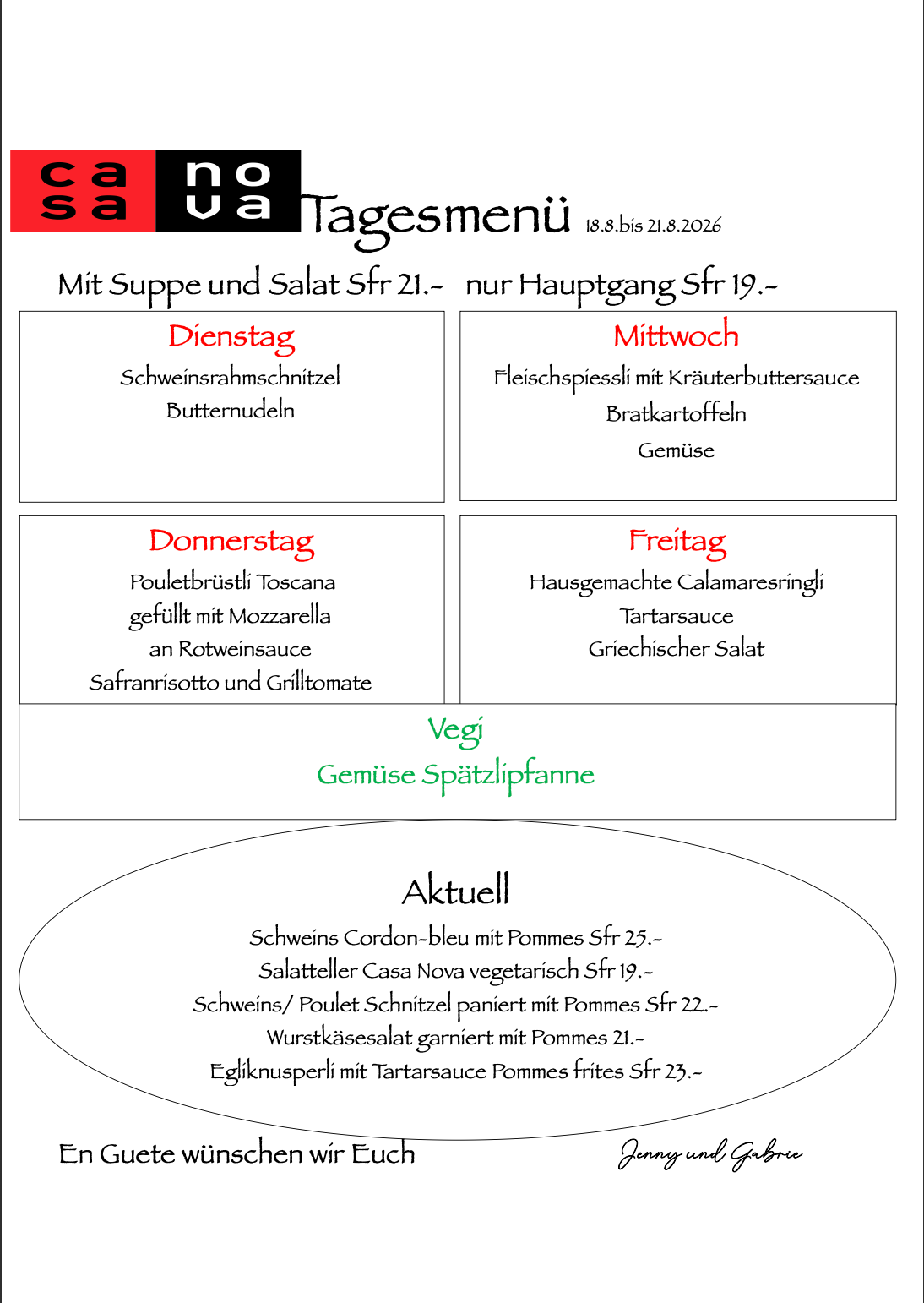 Ein Menü für ein Restaurant namens Casa Nova