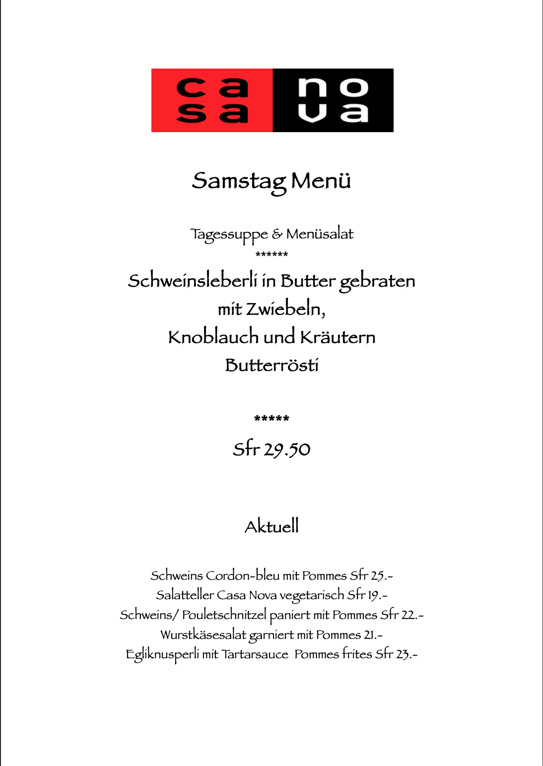 Ein Menü für ein Restaurant namens Casa Nova