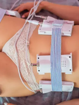 Torso de una persona con electrodos adheridos, vestida con ropa interior de encaje blanco, sometiéndose a un tratamiento de escultura corporal.