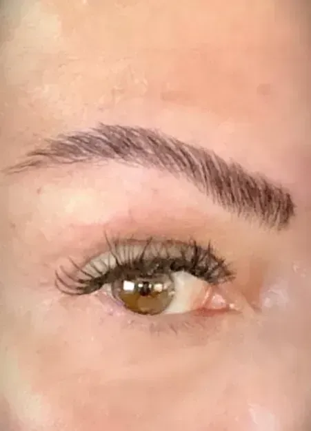 Primer plano de un ojo marrón con pestañas largas y oscuras y una ceja marrón bien definida. La piel es clara.